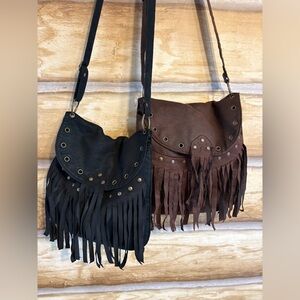 2 Fringe Leather Crossbody Bag - Black and Brown